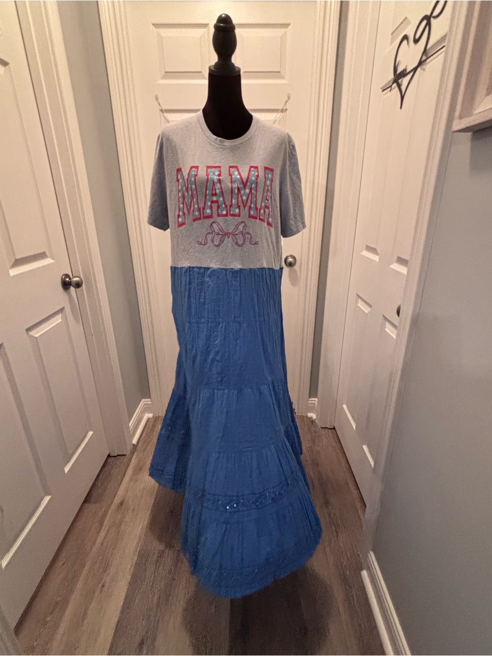 Upcycled MAMA Graphic T-Shirt Tiered Maxi Dress size Large